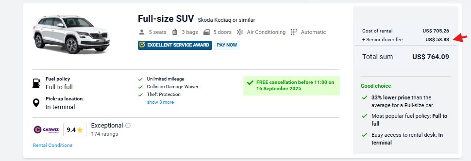 Senior driver fee applied to bboking